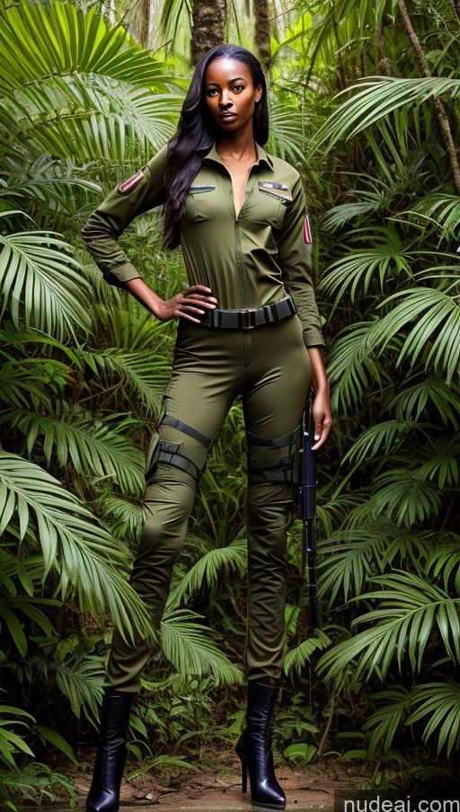 ai nude image of a woman in a military uniform poses with a gun in a jungle pics of Ethiopian Military Jungle Perfect Body Long Legs T-pose Two Front View