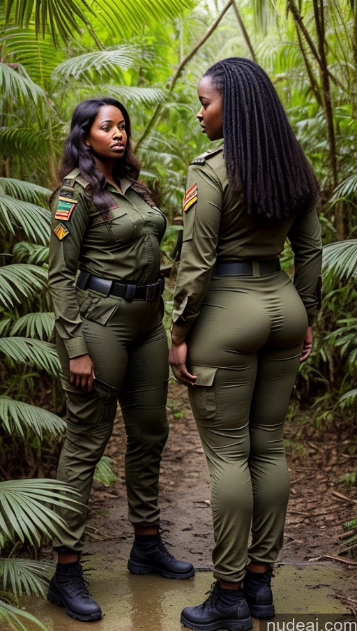 ai nude image of two women in army uniforms standing in a jungle pics of Ethiopian Military Jungle Long Legs T-pose Two Back View Fat