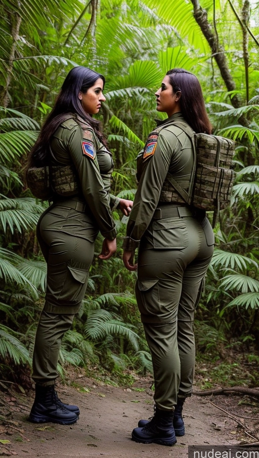 ai nude image of two women in military uniforms standing in a forest pics of Military Jungle Long Legs T-pose Two Back View Fat Turkish