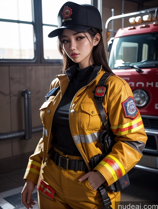 ai nude image of araffe wearing a firefighter uniform standing in front of a fire truck pics of Korean Perfect Boobs Firefighter