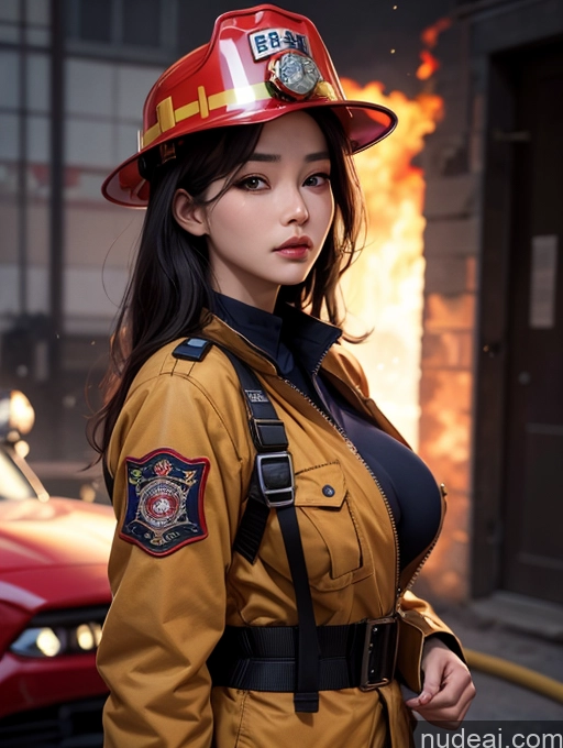 ai nude image of there is a woman in a fireman's uniform posing for a picture pics of Korean Perfect Boobs Firefighter