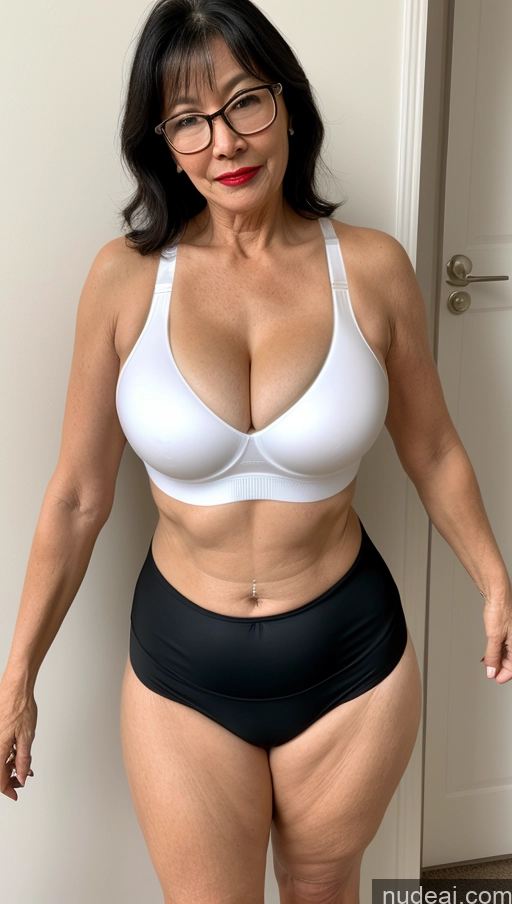 ai nude image of there is a woman in a white bra top and black panties pics of Milf One Busty Big Ass Big Hips Pubic Hair Fairer Skin Glasses Lipstick 60s Asian Black Hair Sports Bra