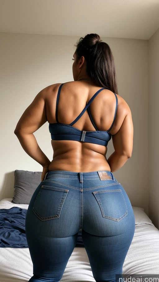 ai nude image of araffe woman in jeans showing off her butt on a bed pics of Athlete Big Ass Big Hips Jeans Bedroom