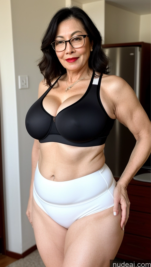 ai nude image of there is a woman in a black bra top and white panties pics of Milf One Busty Big Ass Big Hips Pubic Hair Fairer Skin Glasses Lipstick 60s Asian Black Hair Sports Bra