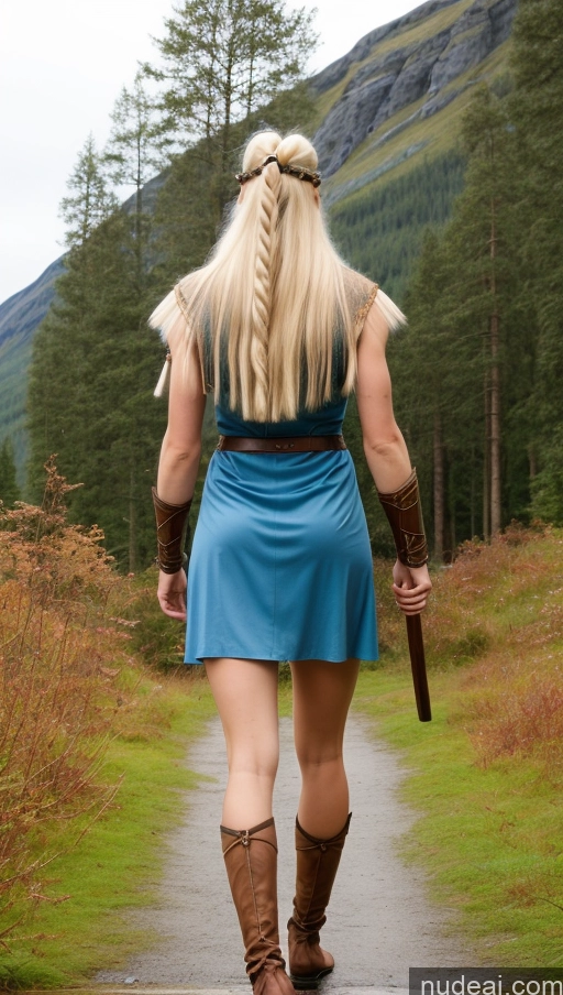 ai nude image of blond woman in blue dress walking down a path with a sword pics of Scandinavian Viking Long Legs Transparent Back View Spreading Legs