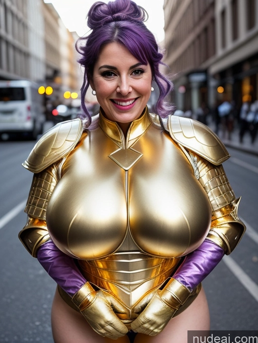 ai nude image of araffe dressed in a gold and purple outfit posing for a picture pics of Milf Busty Huge Boobs Big Ass Big Hips 20s Happy Purple Hair Pigtails Front View Bright Lighting Superhero Street Sci-fi Armor Gold Jewelry