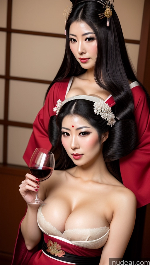 ai nude image of there are two asian women posing for a picture with a glass of wine pics of Busty Pubic Hair Seductive Black Hair Long Hair Japanese Wine Geisha 20s Cleavage