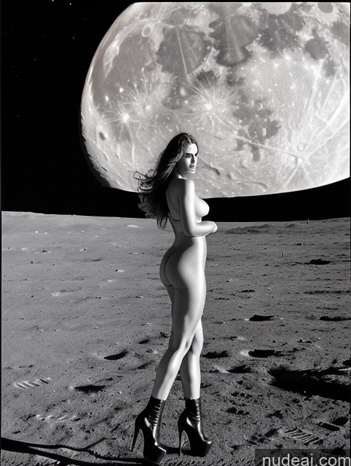 ai nude image of arafed woman in high heels standing on the moon pics of Perfect Boobs Long Legs Pubic Hair One Seductive Ginger Long Hair Black And White Moon Front View High Heels Detailed Woman Busty 20s German Nude