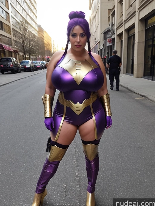 ai nude image of araffe woman in a purple and gold costume posing for a picture pics of Milf Busty Huge Boobs Big Ass Big Hips 20s Purple Hair Pigtails Front View Bright Lighting Superhero Street Sci-fi Armor Gold Jewelry Serious