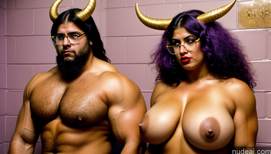 ai nude image of there are two people with horns on their heads posing for a picture pics of Fat Huge Boobs Tanned Skin Muscular Glasses Lipstick Pubic Hair Succubus Shocked Purple Hair Latina Art By Boris Vallejo Boris Vallejo Art Style Prison Tribal Transparent Gold Jewelry Bodybuilder