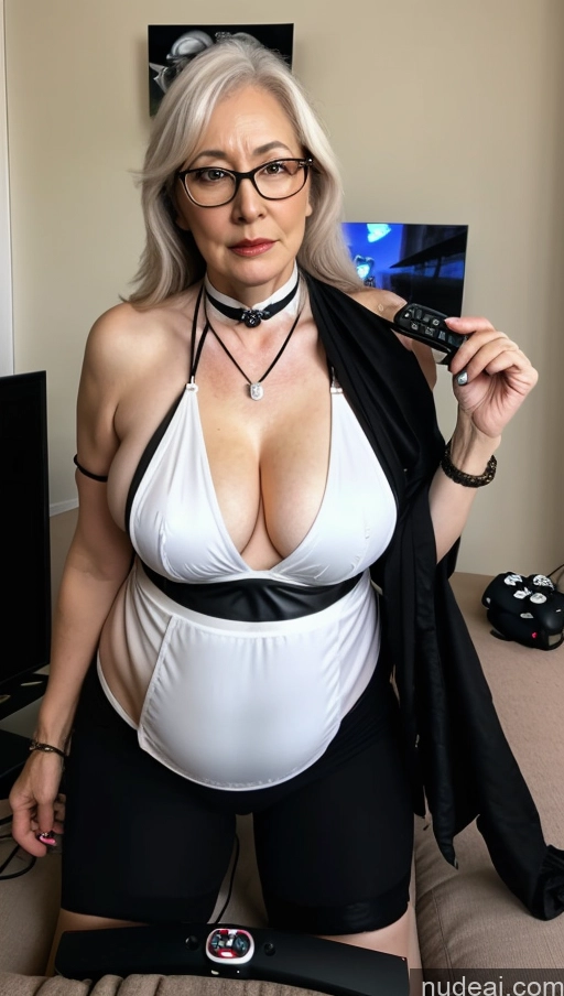 ai nude image of blond woman in black and white outfit holding a remote control pics of Milf One Busty Big Ass Big Hips Pubic Hair Fairer Skin Black Hair 60s Yae Miko: Genshin Impact Cosplayers Asian Choker Glasses Gaming