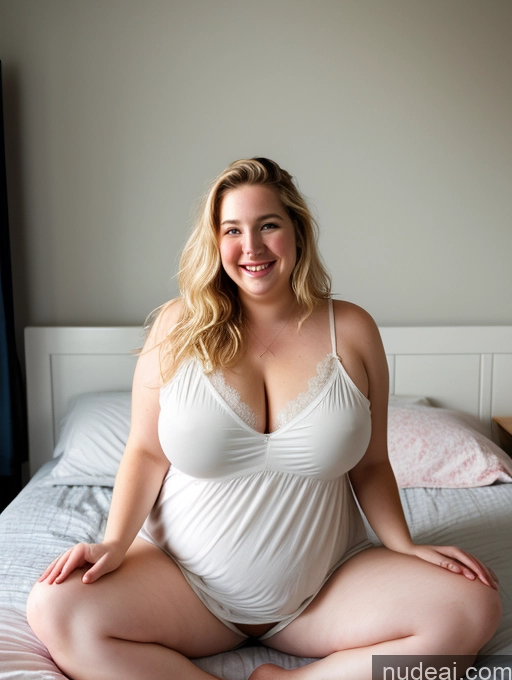 ai nude image of pregnant woman sitting on a bed in a white dress pics of Woman Two Fat Beautiful Fairer Skin 30s Happy Blonde Messy White Bedroom Front View On Back Nightgown Huge Boobs Hairy Women