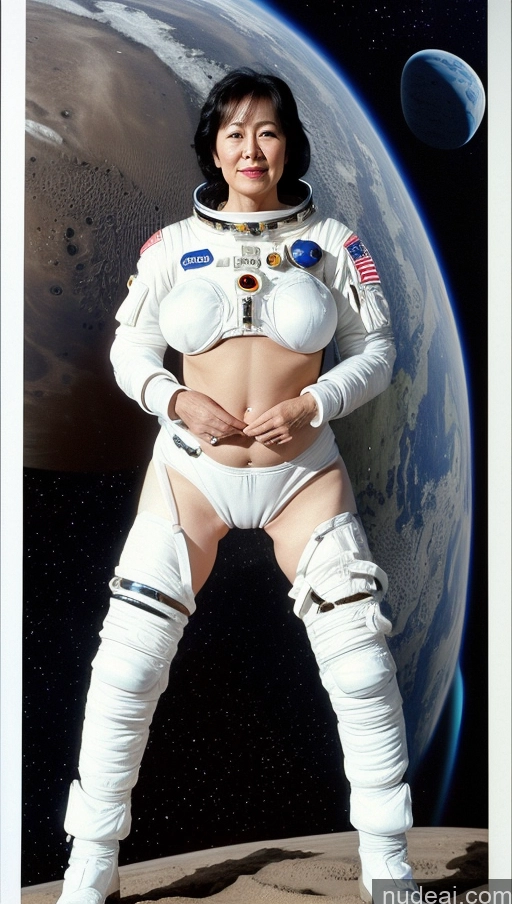 ai nude image of arafed woman in a white space suit posing for a picture pics of Milf One Busty Big Ass Big Hips Pubic Hair Fairer Skin Beautiful 60s Asian Black Hair Space Suit Partially Nude