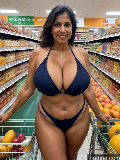 ai nude image of arafed woman in a bikini standing in a grocery store pics of Milf One Busty Huge Boobs Tanned Skin 60s Indian Grocery Front View Microkini Thong