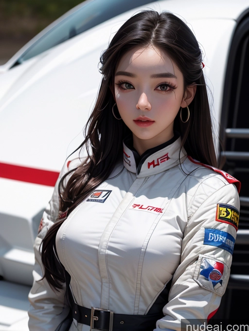 ai nude image of arafed woman in a racing uniform standing next to a white truck pics of Korean Perfect Boobs Race Driver