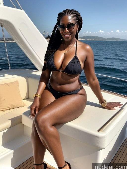 ai nude image of woman in a black bikini sitting on a boat with a large smile pics of Long Legs Dark Skin Black Hair Yacht Braided Chubby African Milf 50s Sunglasses Bikini