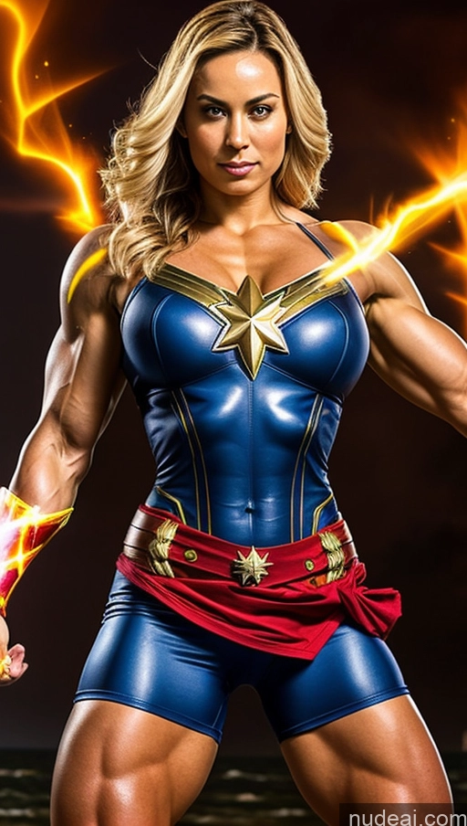 ai nude image of a close up of a woman in a costume with lightning pics of Pirate Captain Marvel Powering Up Bodybuilder Perfect Boobs Muscular Abs