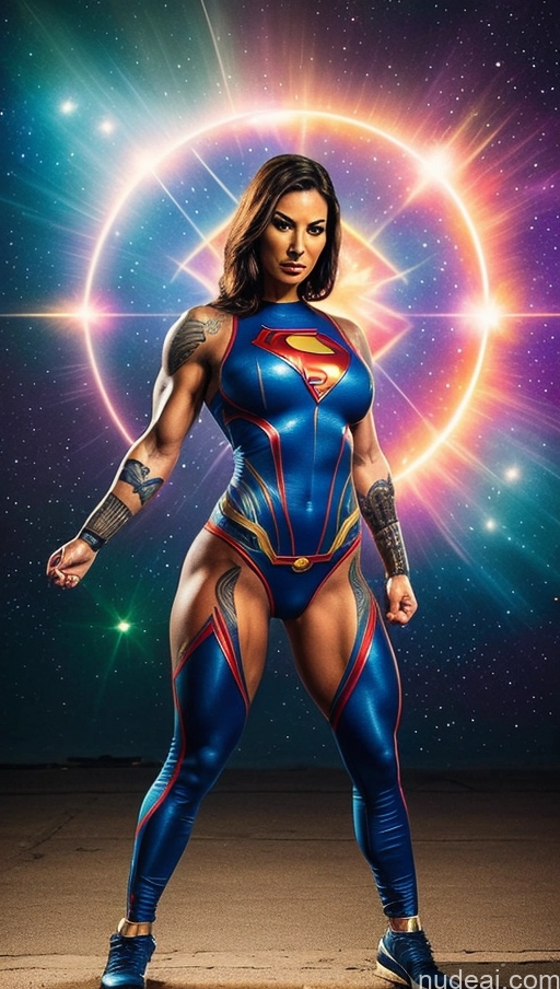 ai nude image of a woman in a blue suit and a red cape posing for a photo pics of Tattoos Powering Up Superheroine Superhero Space Heat Vision Perfect Boobs Muscular Abs