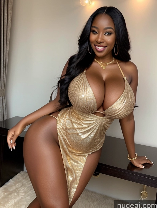 ai nude image of araffe woman in a gold dress posing for a picture pics of One Busty Huge Boobs Perfect Boobs Beautiful Long Hair 30s Happy Laughing Ginger African Close-up View Cleavage Diamond Jewelry Gold Jewelry Jewelry Pearl Jewelry See-Through Dress