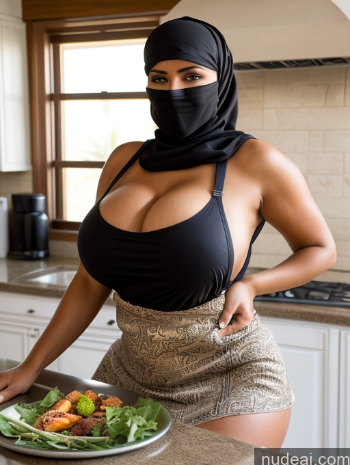 ai nude image of araffe wearing a black top and a black scarf standing in a kitchen pics of Huge Boobs Partially Nude Big Ass Oasis Niqab Spreading Legs Apron