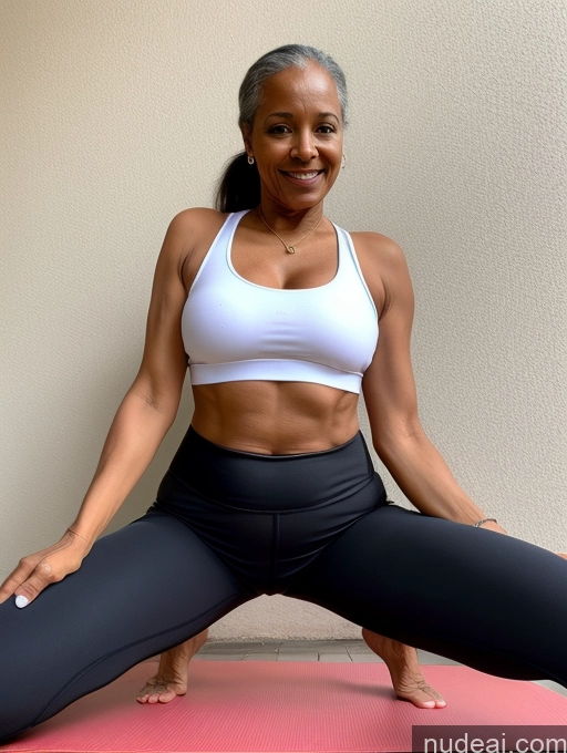 ai nude image of smiling woman in white sports bra top and black leggings sitting on a pink yoga mat pics of Beautiful Sexy Face 60s Ethiopian Spreading Legs Yoga Pants Front View