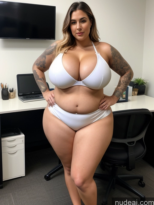 ai nude image of araffe woman in white bikini posing in front of a desk pics of Lingerie Model Busty Huge Boobs Perfect Boobs Beautiful Tattoos Big Ass Thick Chubby Big Hips Long Legs Perfect Body Fairer Skin Oiled Body 30s Bikini White Soccer Office