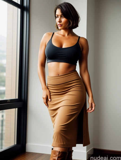 ai nude image of arafed woman in a black top and tan skirt standing by a window pics of Woman One Perfect Boobs Beautiful Perfect Body Tanned Skin 30s Serious Brunette Short Hair British Film Photo Bedroom Front View Boots Crop Top Long Skirt