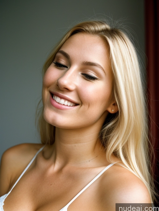 ai nude image of blond woman with a white bra top smiling and looking up pics of Nightgown Blonde Scandinavian Perfect Body Beautiful Skinny Laughing 18 Sexy Face Cleavage Bright Lighting Vintage Side View Huge Boobs Orgasm Happy