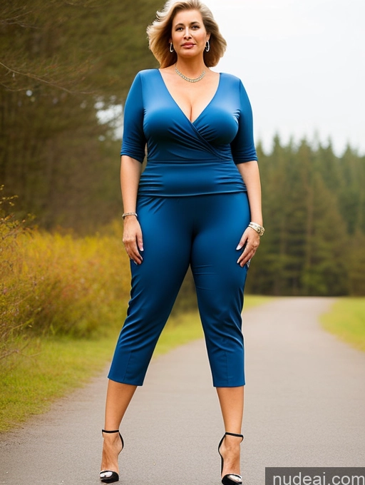 ai nude image of arafed woman in blue jumpsuit posing for a picture on a road pics of Tall Big Hips Long Legs Big Ass Chubby High Heels Two 60s