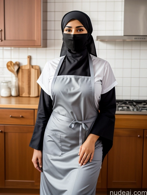 ai nude image of woman wearing a black and white hijab standing in a kitchen pics of Big Hips Thick Niqab Apron