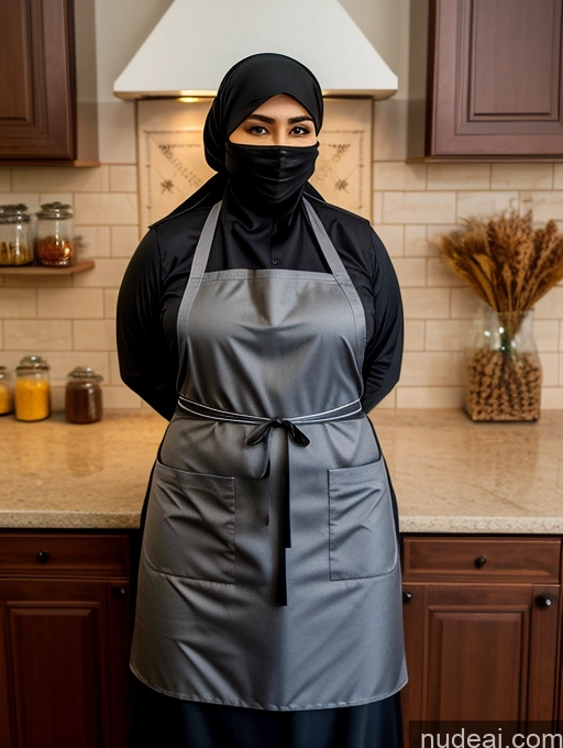 ai nude image of woman wearing a black and grey apron and a black scarf pics of Big Hips Thick Niqab Apron