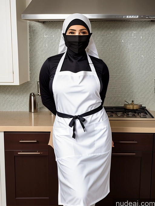 ai nude image of woman wearing a white apron and black head scarf standing in a kitchen pics of Big Hips Thick Niqab Apron Partially Nude