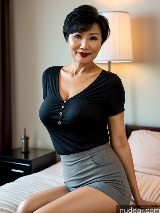 ai nude image of there is a woman sitting on a bed with a black shirt pics of Milf Perfect Boobs Lipstick Pixie Asian Bedroom Spreading Legs Dark Lighting 50s Casual Shirt