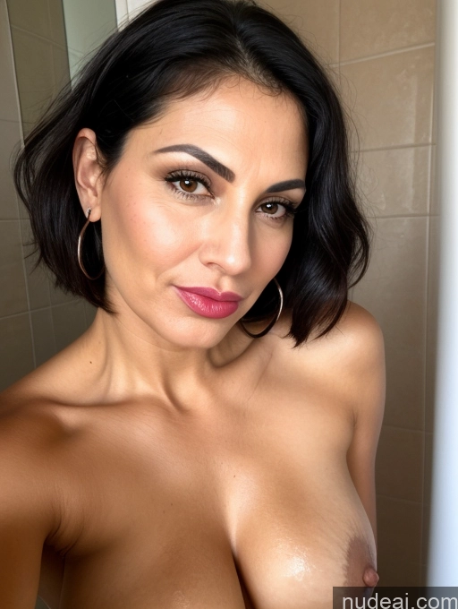 ai nude image of arafed woman with big breast posing in a bathroom pics of Front View Bending Over Seductive Serious Sad Sexy Face Shocked Laughing Busty Pubic Hair Tanned Skin Thick Jewish Black Hair Bobcut Bathroom Milf Pouting Lips 40s