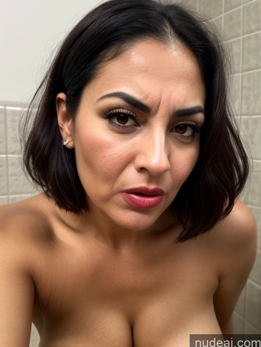 ai nude image of arafed woman with a very big breast in a bathroom pics of Front View Bending Over Seductive Serious Sad Sexy Face Shocked Laughing Busty Pubic Hair Tanned Skin Thick Jewish Black Hair Bobcut Bathroom Milf Angry Pouting Lips 30s