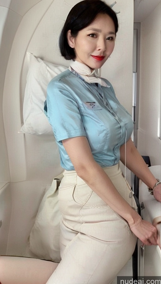 ai nude image of arafed woman in a blue shirt and white skirt sitting on a plane pics of Milf One Busty Big Ass Big Hips Pubic Hair Fairer Skin 60s Asian Black Hair Lipstick Stewardess Uniform