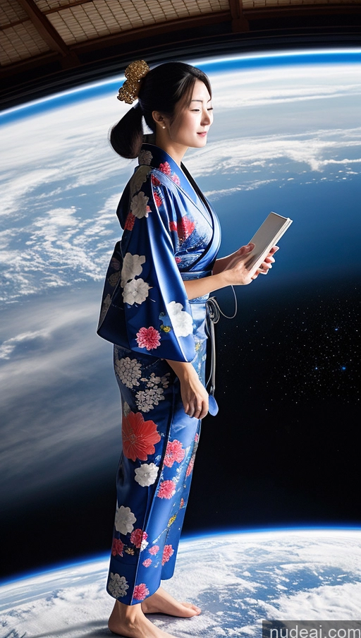 ai nude image of woman in kimono standing on a platform looking at a tablet pics of Kimono Space Suit