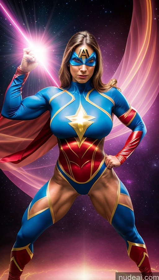 ai nude image of arafed woman in a blue and red costume with a cape pics of Perfect Boobs Superhero Superheroine Muscular Abs Bodypaint Powering Up Dynamic View Heat Vision