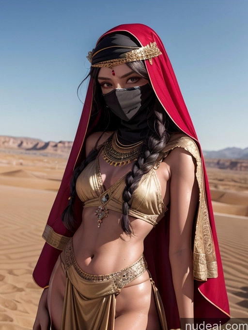 ai nude image of araffe woman in a red and gold costume and a mask pics of Lingerie Model Dark Skin Oiled Body Black Hair Bangs Middle Eastern Desert Niqab Steampunk Tribal Tunic Wedding Sari Salwar Dark Lighting Detailed Several