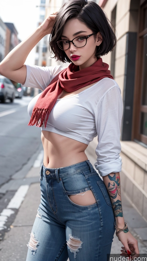 ai nude image of arafed woman with glasses and a scarf on a city street pics of One Beautiful Lipstick Tattoos Big Ass Small Tits Perfect Body 20s Seductive Sexy Face Ahegao Short Hair British 3d Sorority Simple Casual Bows High Heels Glasses Short Jeans Shirt Scarf