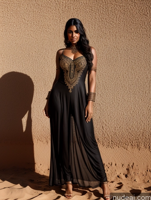 ai nude image of araffe woman in a black dress standing in front of a wall pics of Lingerie Model Dark Skin Oiled Body Black Hair Bangs Middle Eastern Desert Salwar Steampunk Tribal Tunic Wedding Dark Lighting Detailed