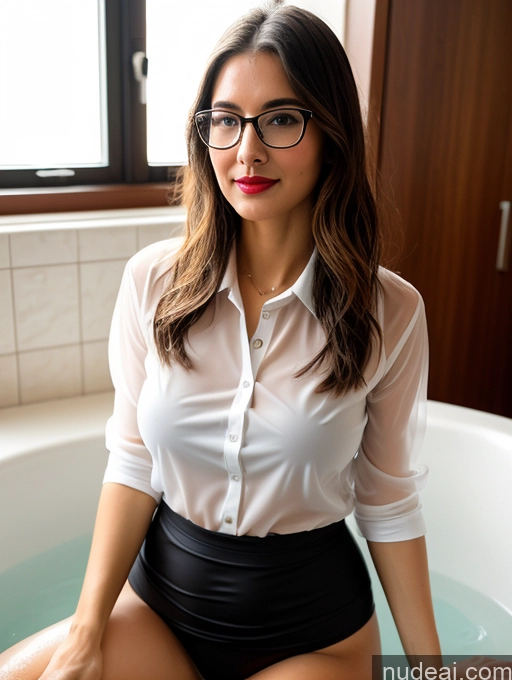 ai nude image of there is a woman sitting in a bathtub with a pair of glasses on pics of Sorority Busty Perfect Boobs Beautiful Glasses Lipstick Perfect Body Pubic Hair Oiled Body Seductive Close-up View Blouse Panties Polo Professor Secretary Teacher Stylish Stockings Transparent Bathing