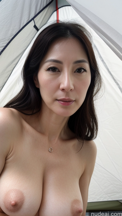 ai nude image of araffed asian woman with big tits posing under an umbrella pics of Woman One Beautiful Fairer Skin 40s Black Hair Slicked Korean Detailed Simple Huge Boobs Close-up View Tent