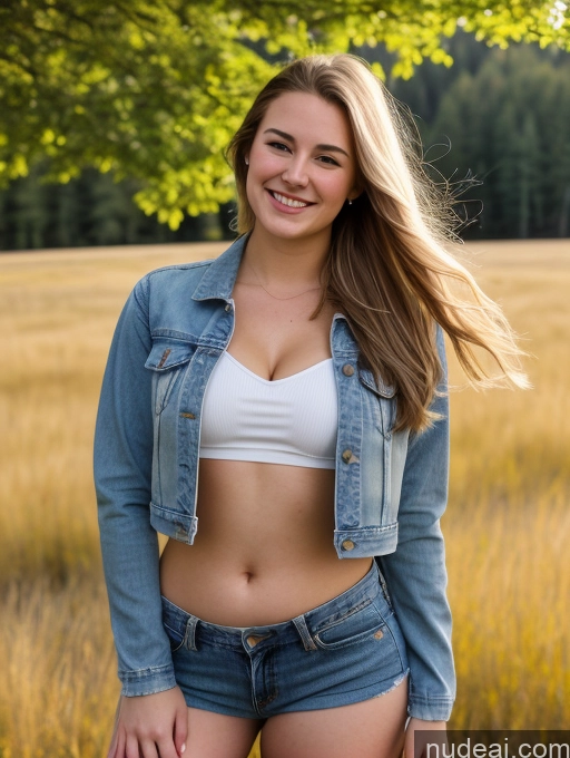 ai nude image of arafed woman in a white top and denim jacket standing in a field pics of Sorority Several Small Tits Thick Chubby Short Fairer Skin 18 Happy Straight White Front View Jeans Meadow Crop Top Jacket