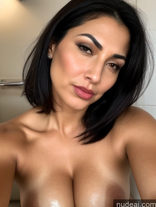 ai nude image of a close up of a woman with a very big breast posing for a picture pics of Bending Over Seductive Serious Sexy Face Sad Shocked Pouting Lips Busty Tanned Skin Bathroom Black Hair Bobcut Jewish Milf Laughing Angry 30s Close-up View