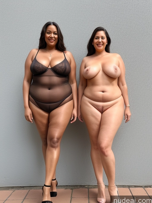 ai nude image of two women in lingersuits posing for a picture in front of a wall pics of Tall Chubby Big Hips Big Ass Long Legs Thick Abs Busty Beautiful Nude High Heels Two 70s