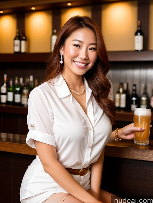 ai nude image of arafed woman sitting at a bar with a glass of beer pics of Model Beautiful Happy Pearl Jewelry Slicked Perfect Boobs Shirt Japanese Ginger Bar One