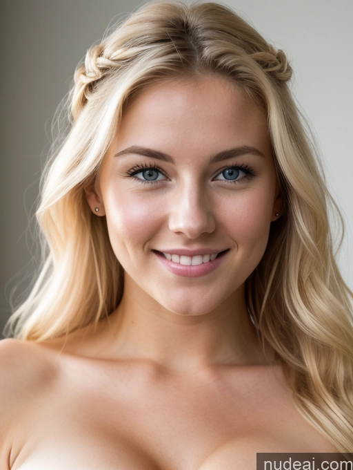 ai nude image of blonde woman with blue eyes and a braided hairs posing for a picture pics of Cleavage Bright Lighting Scandinavian Huge Boobs 18 Happy Sexy Face Blonde Skinny Abs Short Beautiful Victorian Shocked