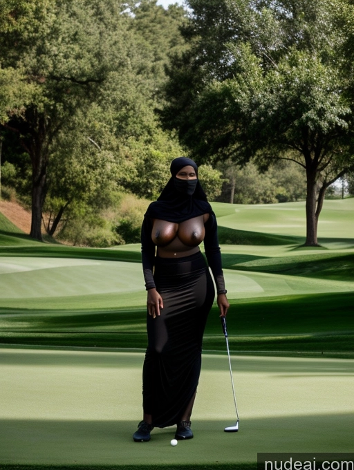 ai nude image of araffe woman in a black dress holding a golf club and a golf ball pics of Nude Niqab Thick African Huge Boobs Golf