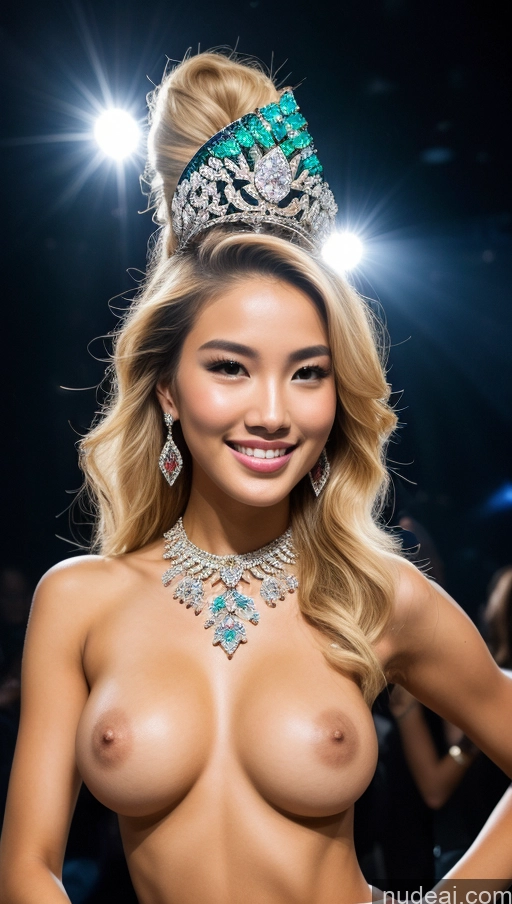 ai nude image of a close up of a woman with a tiara and a big breast pics of Miss Universe Model Perfect Boobs 18 Perfect Body Blonde Korean Nude Front View Straight Laughing Diamond Jewelry Club Beautiful